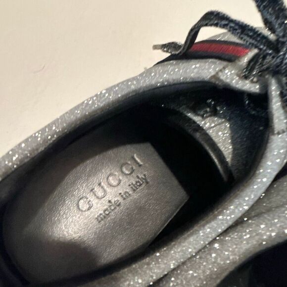 Gucci Women's 9.5 Bambi Webb Metallic Sneakers Silver Blue Red Icon Stripe Disco - Picture 6 of 16